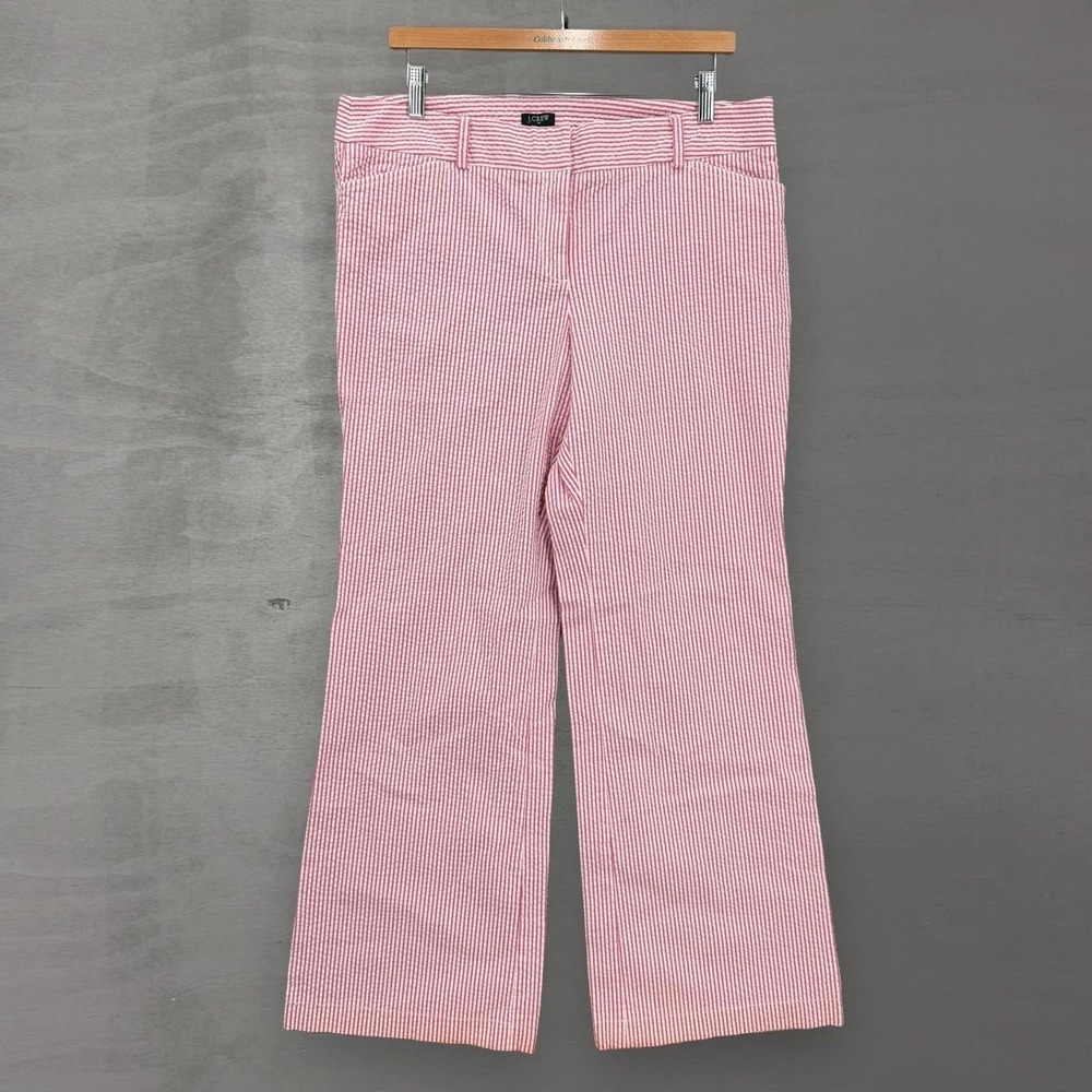 J.Crew Women's Seersucker Pants Pink White Striped Wide Leg Low Fit 14